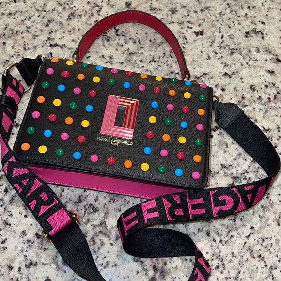 KARL LAGERFELD WOMENS BAG SIMONE FRONT FLAP CROSSBODY LH4EO6BI BLK Multi New - Picture 4 of 11